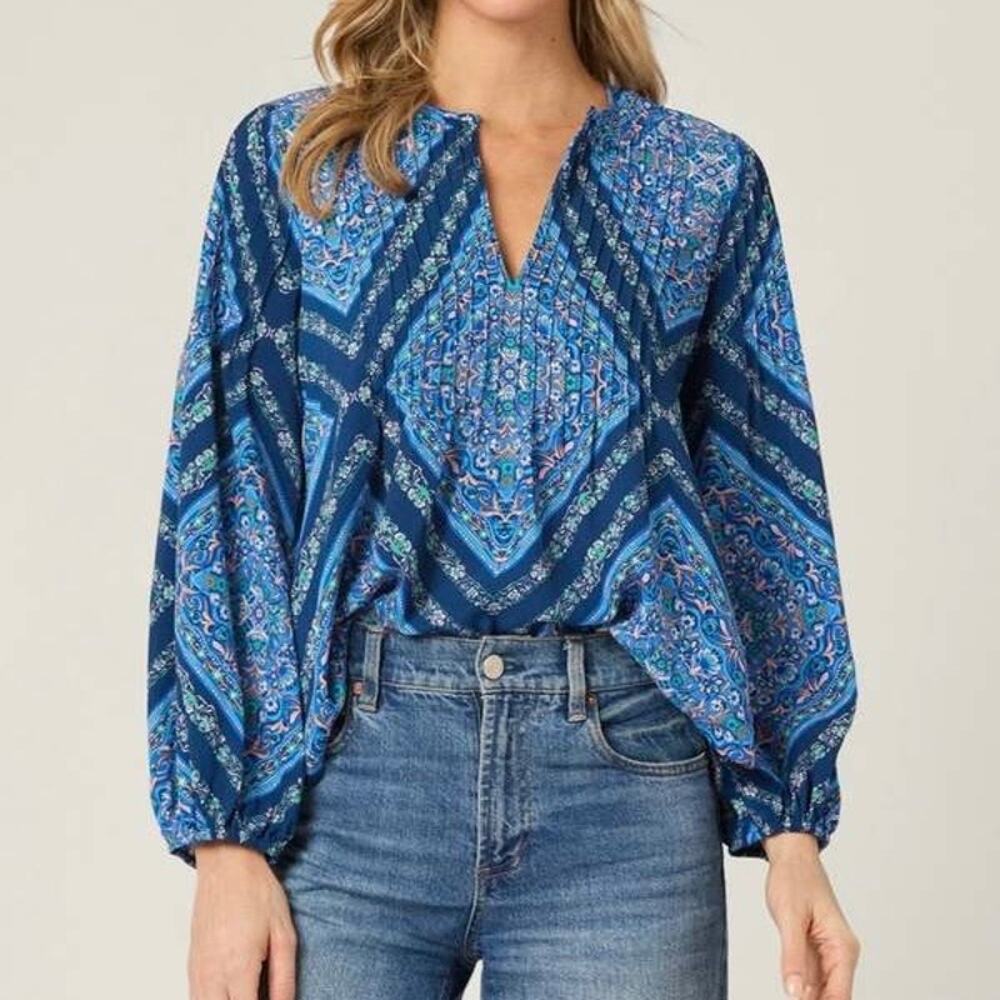 Shoshanna Lara Crepe de Chine Top in "Atlantic Tile Print" Blue Boho Size XS